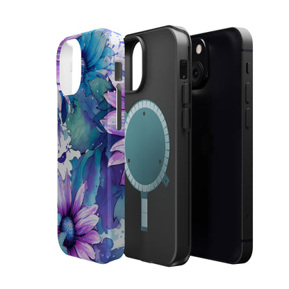 Purple & Teal Watercolor Floral MagSafe iPhone Case - Artistic Flower Design