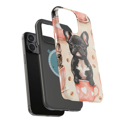 French Bulldogs in Coffee Cup MagSafe iPhone Case – Cute Dog Art, Shockproof & Slim Design