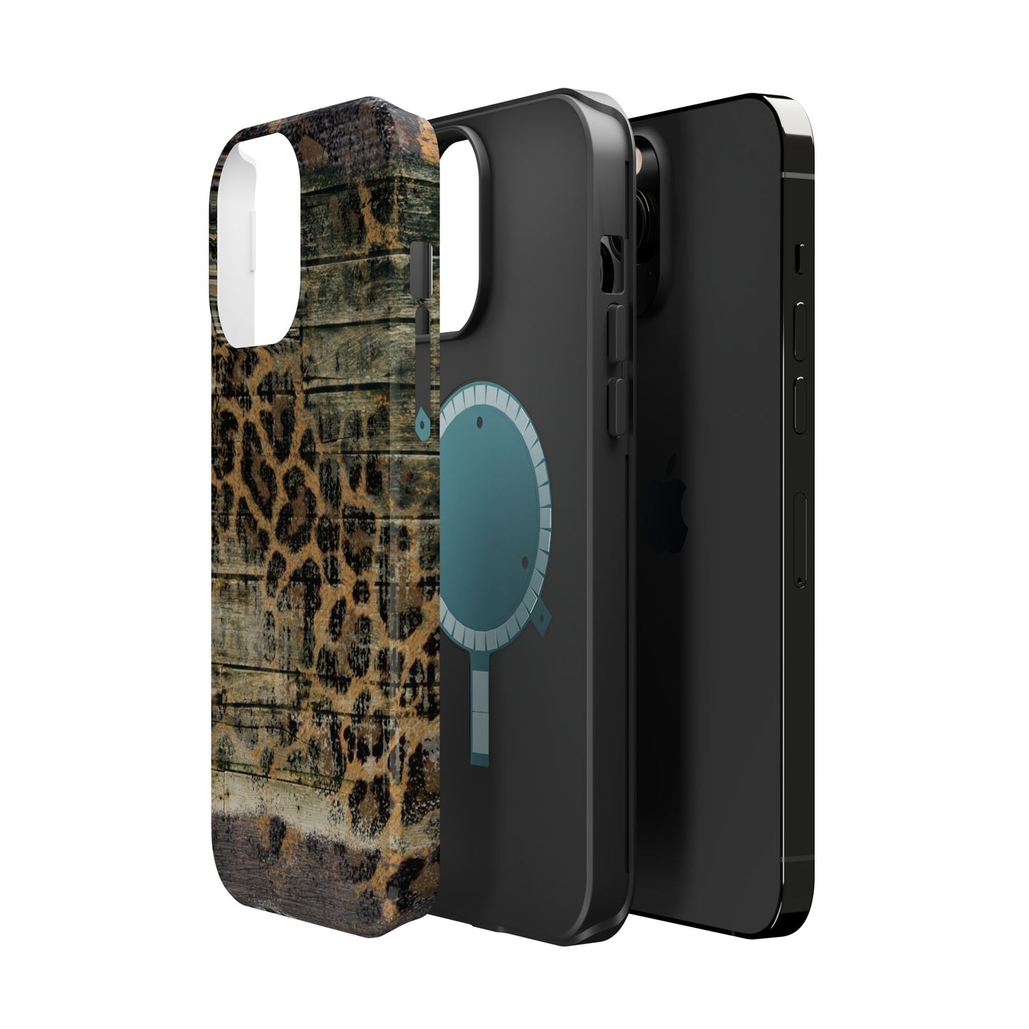 Rustic Wood and Leopard Print Tough MagSafe iPhone Case – Distressed Western Design with Dual-Layer Protection