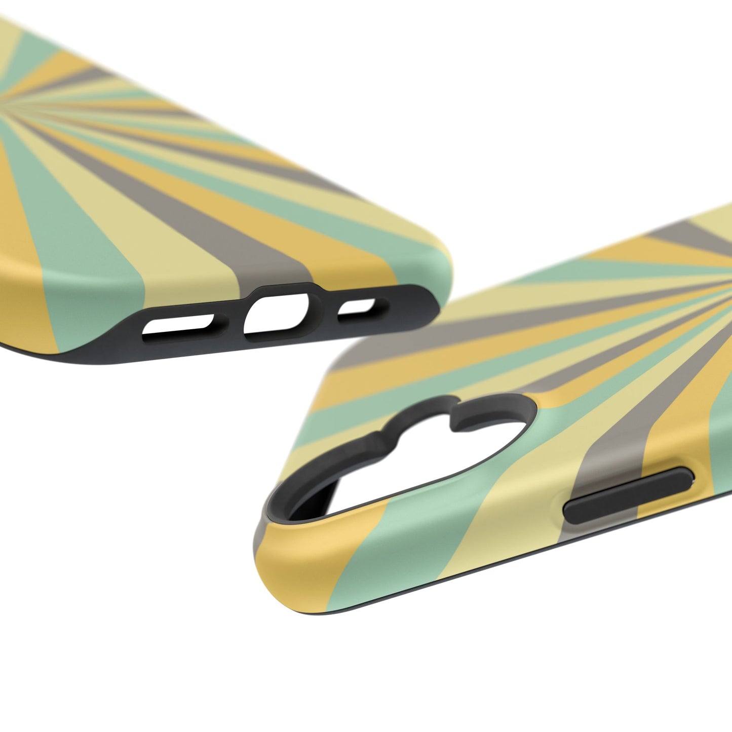 Vintage Sunburst Rays MagSafe iPhone Case – Bold 70s-Inspired Burst in Yellow, Mint, and Gray