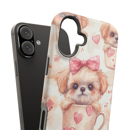 Adorable Puppy in Teacup MagSafe iPhone Case – Tough, Dual-Layer Protection with Cute Pink Bow Design