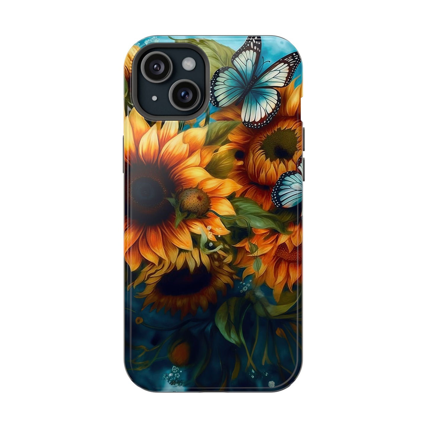 Aqua Blue Butterfly & Sunflower Art – MagSafe iPhone Case