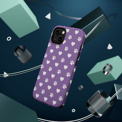 Lavender Paw Prints & Hearts Design - Adorable Pet Lover MagSafe iPhone Case