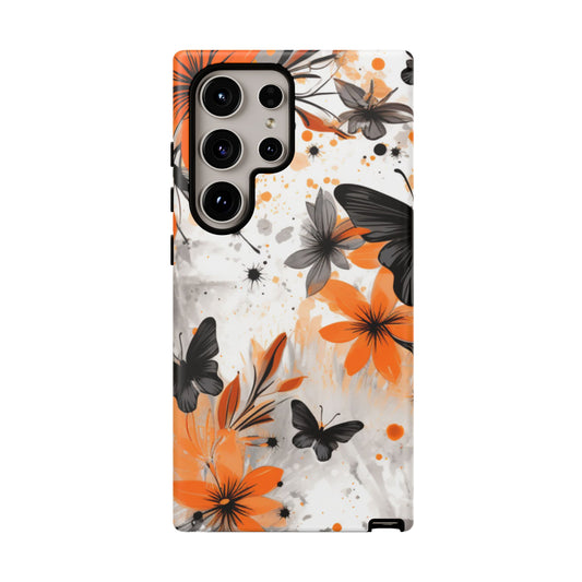 Orange Blossom & Black Butterfly Samsung Galaxy Case – Bold Floral Pattern with Modern Abstract Style