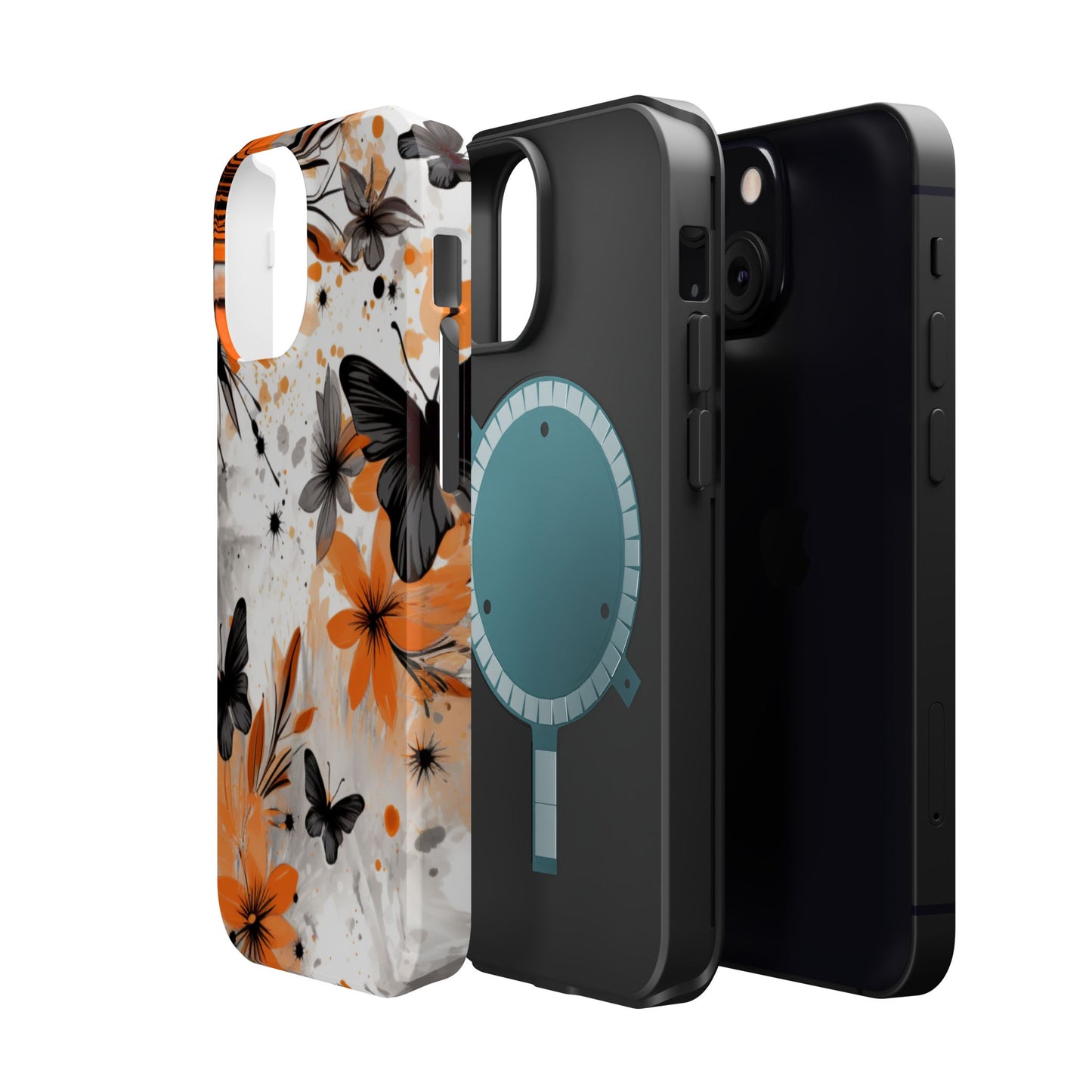 Orange Blossom & Black Butterfly MagSafe iPhone Case – Bold Floral Pattern with Modern Abstract Style