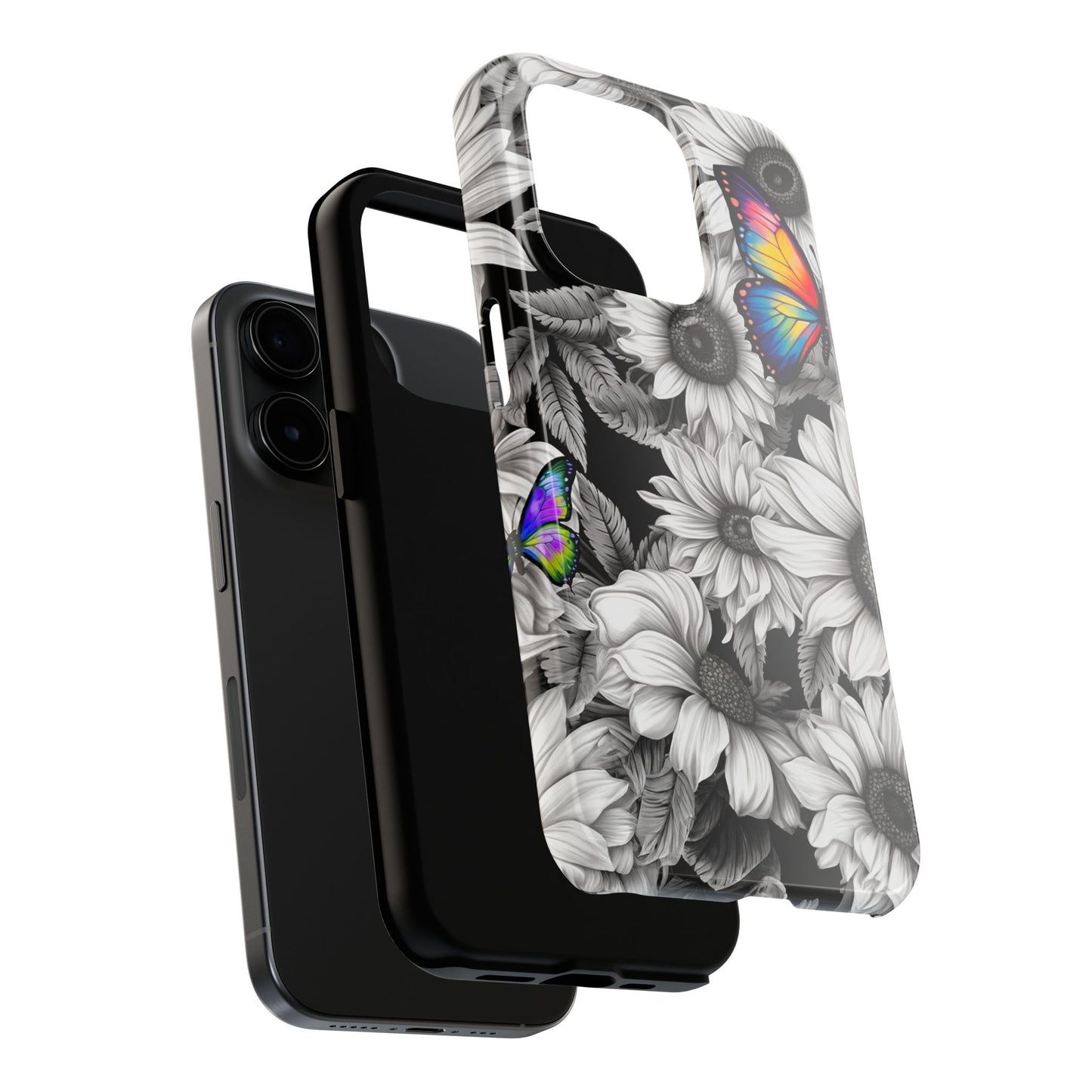 Rainbow Butterflies & Monochrome Sunflowers – iPhone Case