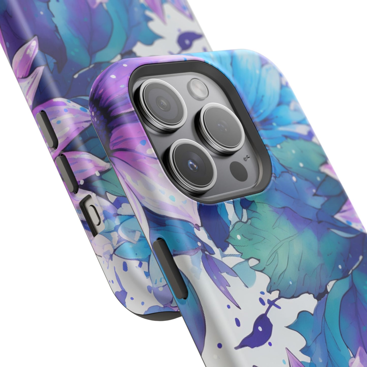 Purple & Teal Watercolor Floral MagSafe iPhone Case - Artistic Flower Design