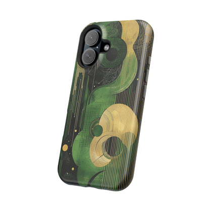 Abstract Green & Gold MagSafe iPhone Case - Geometric Art Deco Protective Cover