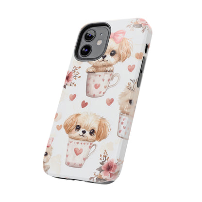 Cute Puppies in Heart Mugs iPhone Case – Adorable Dog & Floral Design, Shockproof & Slim - BOGO Cases