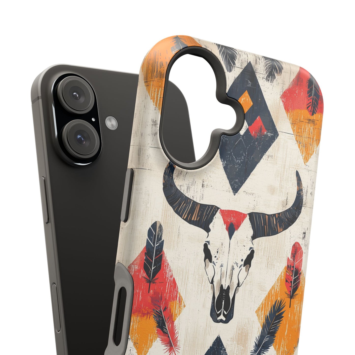 Western Bull Skull & Feathers Tough Mag Safe iPhone Case – Bold Tribal Design, Dual-Layer Protection