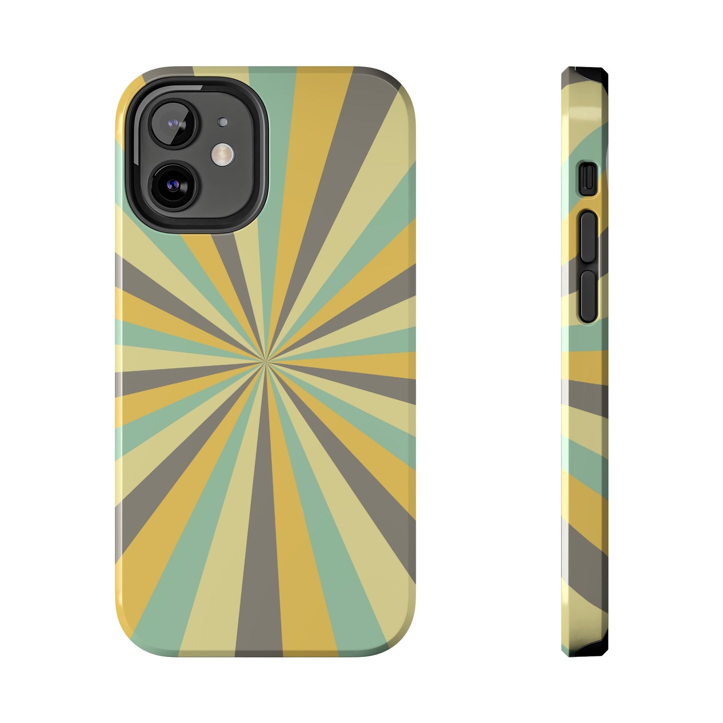 Vintage Sunburst Rays iPhone Case – Bold 70s-Inspired Burst in Yellow, Mint, and Gray