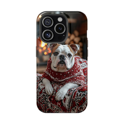 Cozy Bulldog in Sweater MagSafe iPhone Case – Festive Fireplace Protective Cover