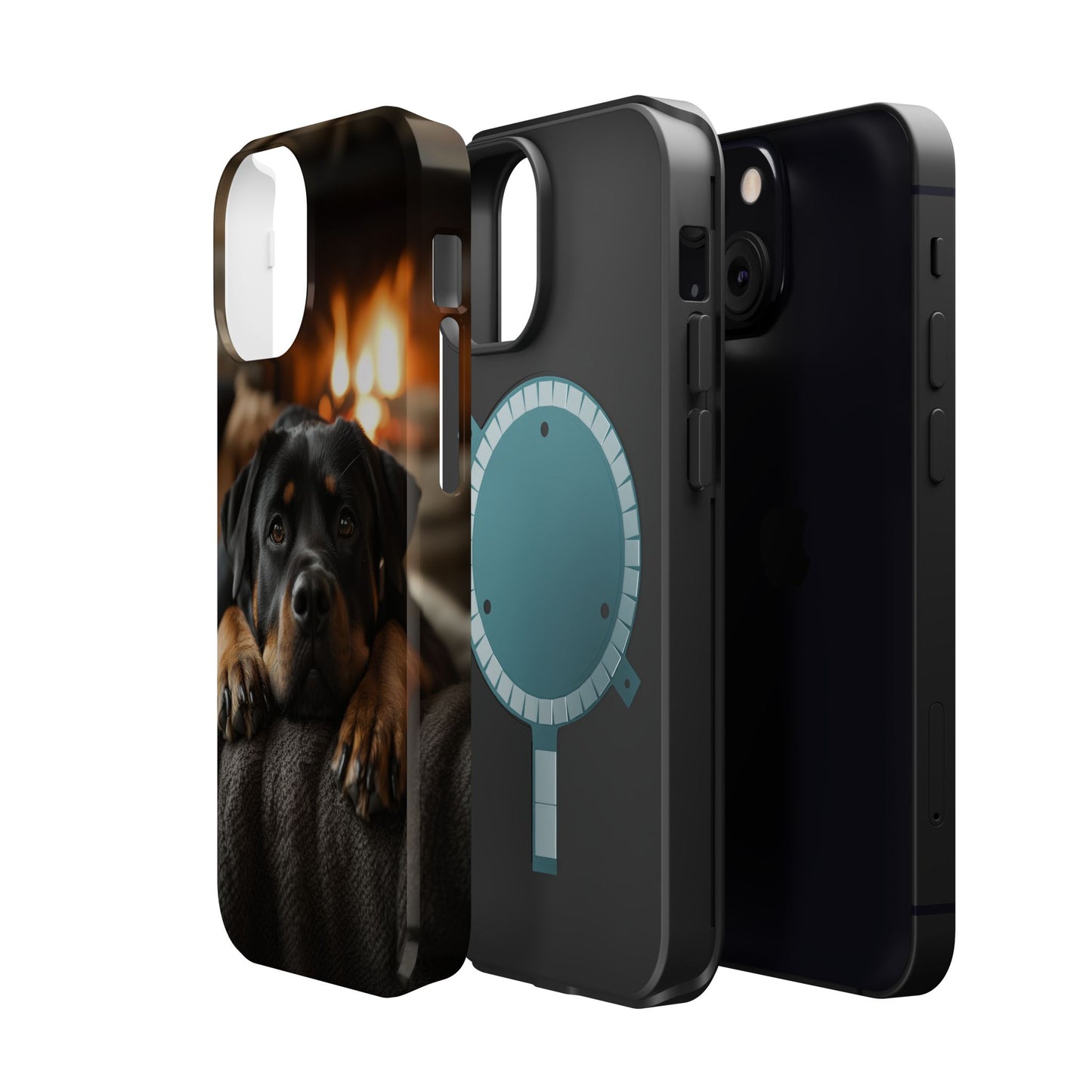 Cozy Rottweiler by the Fireplace MagSafe iPhone Case – Warm Rustic Design