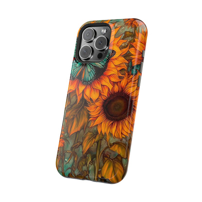 Vintage Blue Butterfly & Sunflower Art – MagSafe iPhone Case