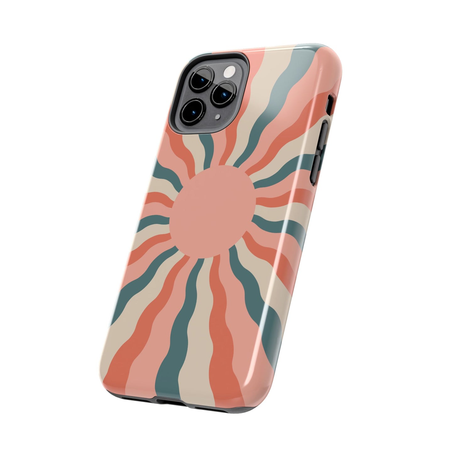 Retro Sunburst iPhone Case – Bold 70s-Inspired Waves in Coral, Teal, and Cream