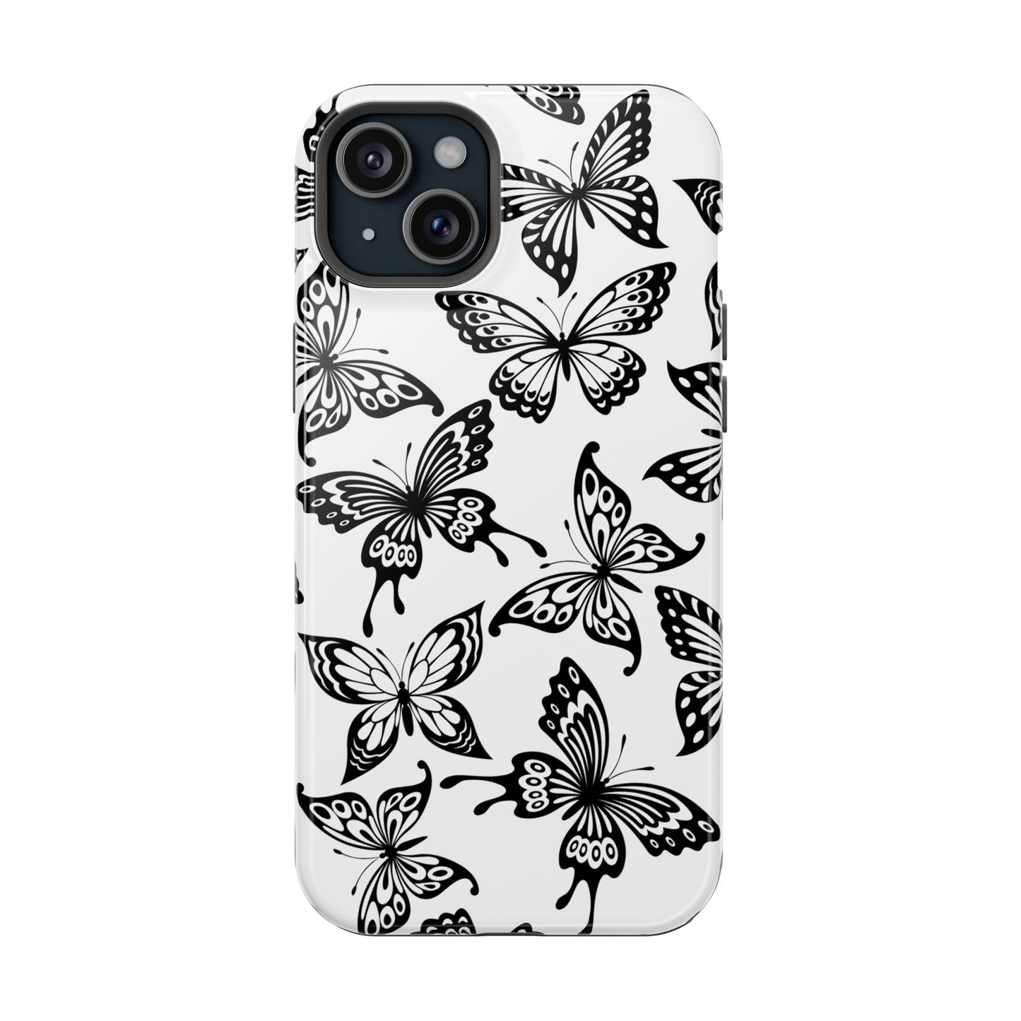 Monochrome Butterfly Pattern Tough MagSafe Case – Dual-Layer Protection with Matte Finish