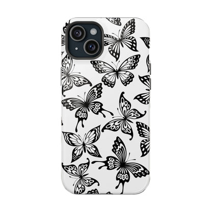 Monochrome Butterfly Pattern Tough MagSafe Case – Dual-Layer Protection with Matte Finish