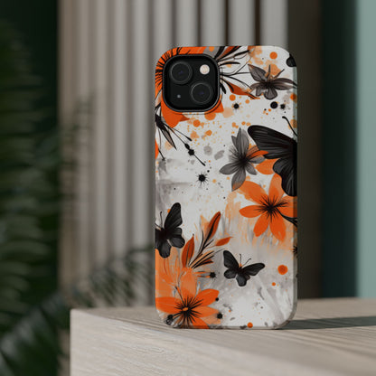 Orange Blossom & Black Butterfly MagSafe iPhone Case – Bold Floral Pattern with Modern Abstract Style