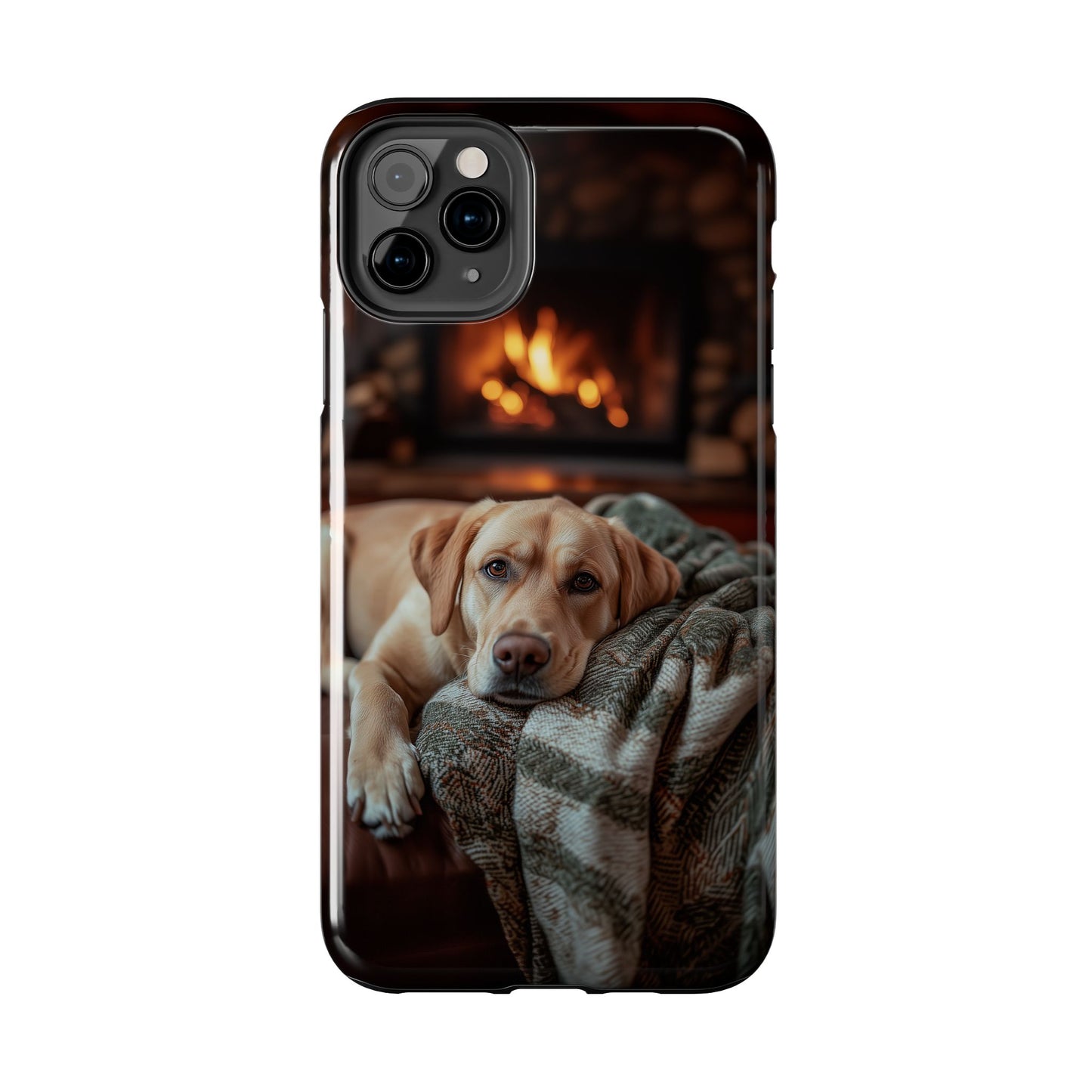 Cozy Labrador by Fireplace iPhone Case – Rustic Cabin Protective Cover