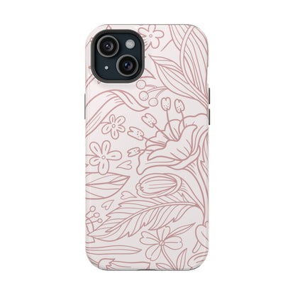 Blush Floral Line Art Tough MagSafe iPhone Case – Delicate Minimalist Design with Dual-Layer Protection