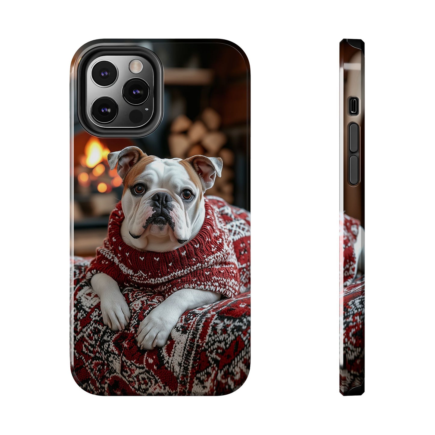 Cozy Bulldog in Sweater iPhone Case – Festive Fireplace Protective Cover