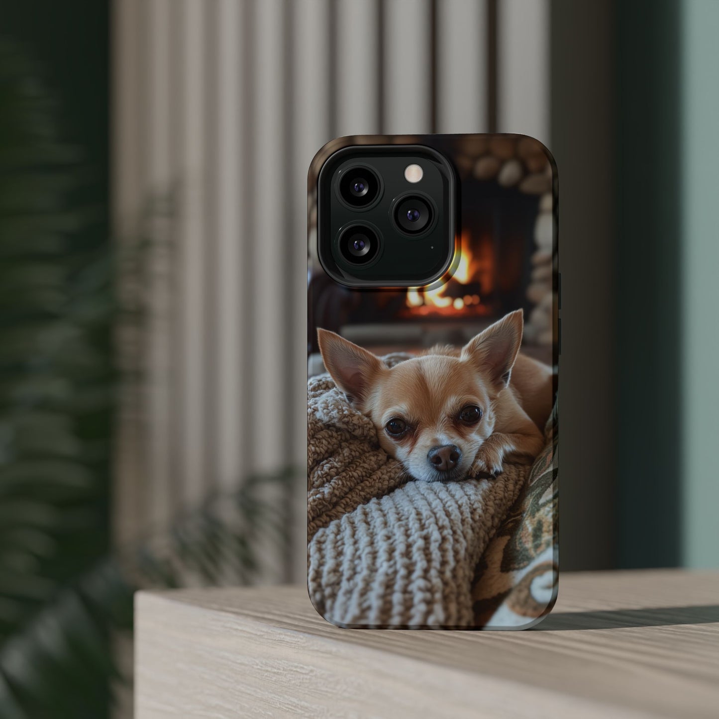 Relaxing Chihuahua by Fireplace MagSafe iPhone Case – Functional and Cozy Design