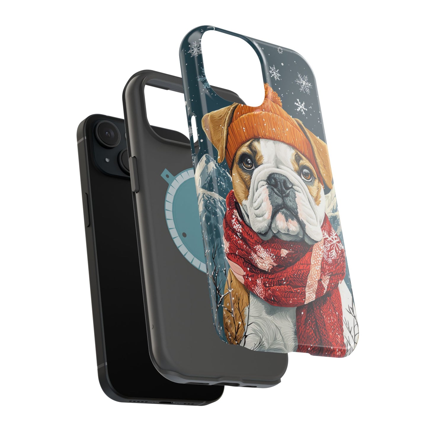 Cozy French Bulldog MagSafe iPhone Case – Rustic Fireplace Protective Cover