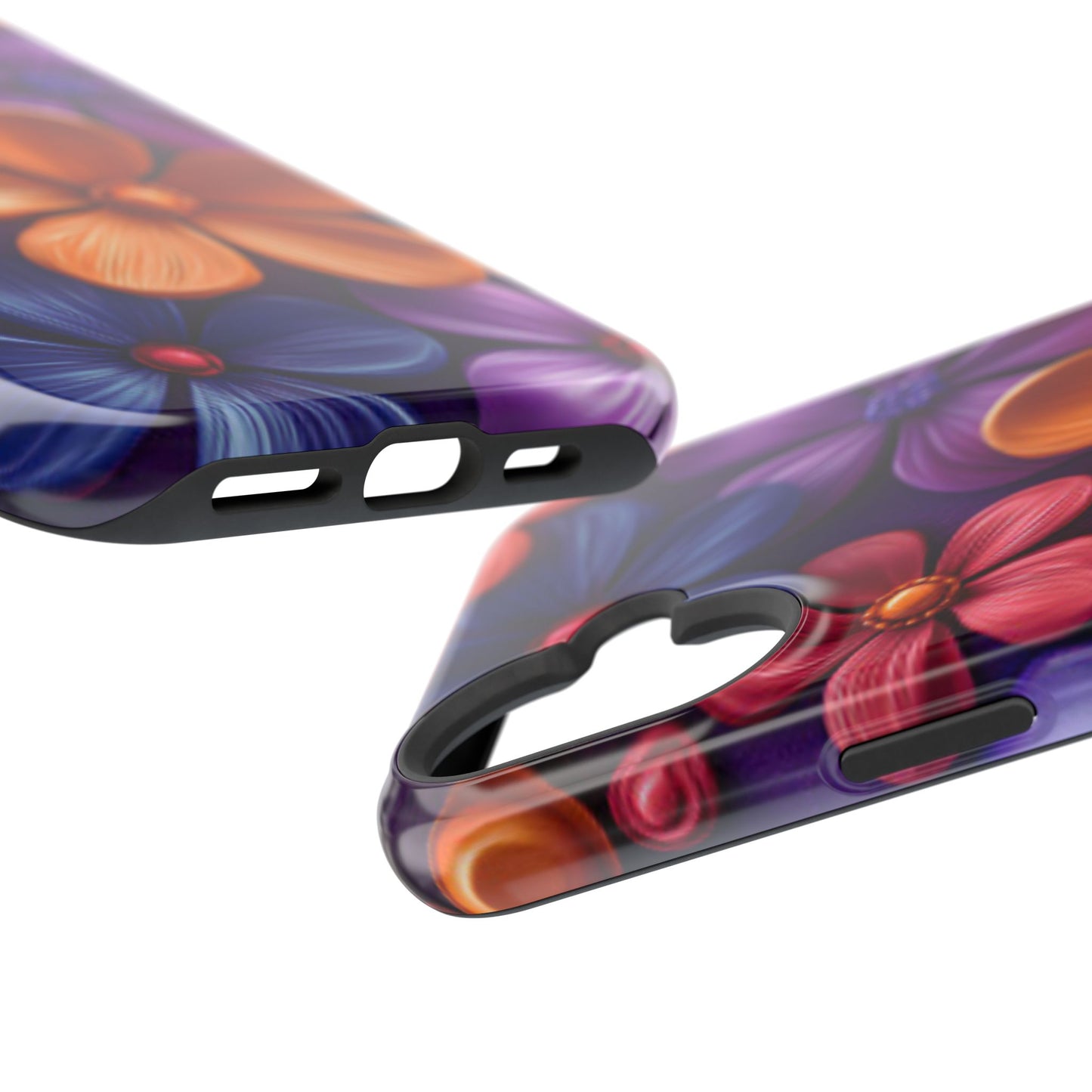 Bold Floral 3D MagSafe iPhone Case – Vivid Purple and Orange Flower Design, Shock-Resistant