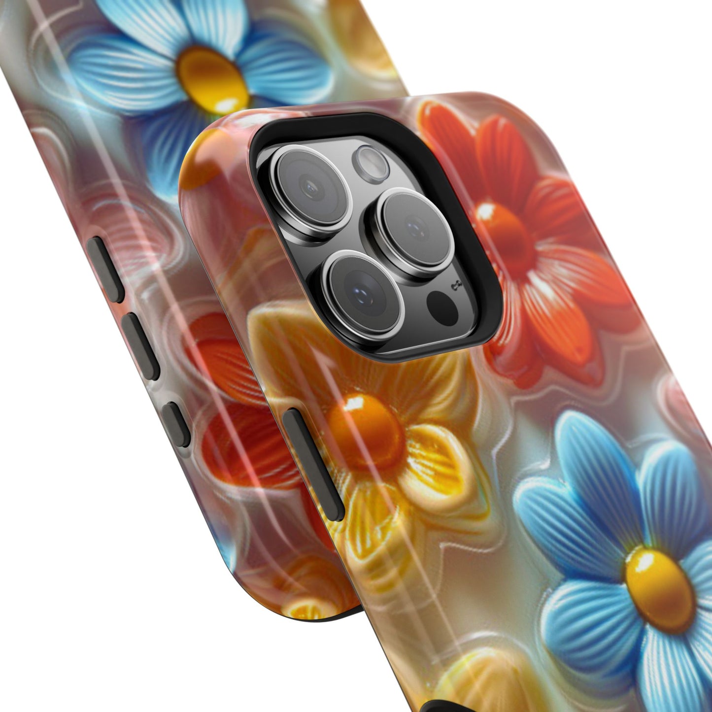 Glossy Retro Flower MagSafe iPhone Case – Colorful 3D Floral Design, Durable Protection