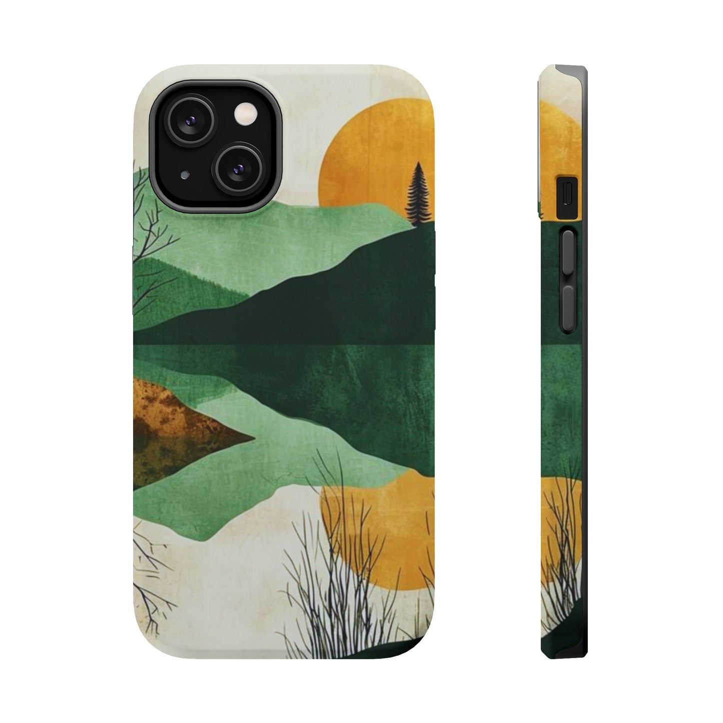 Retro Mountain Sunrise MagSafe iPhone Case – Minimalist Landscape Design, Dual-Layer Protection