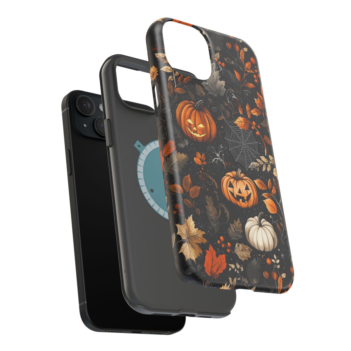 Elegant Halloween MagSafe iPhone Case – Pumpkin Jack-o'-Lanterns, Cobwebs & Autumn Foliage Design