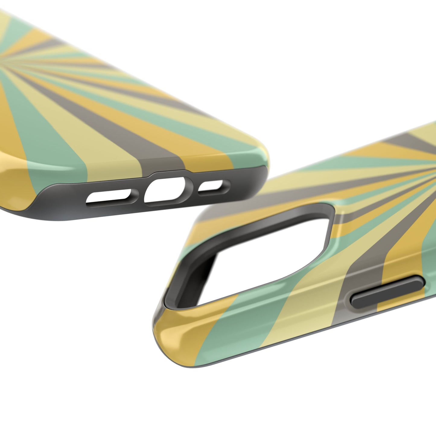 Vintage Sunburst Rays MagSafe iPhone Case – Bold 70s-Inspired Burst in Yellow, Mint, and Gray