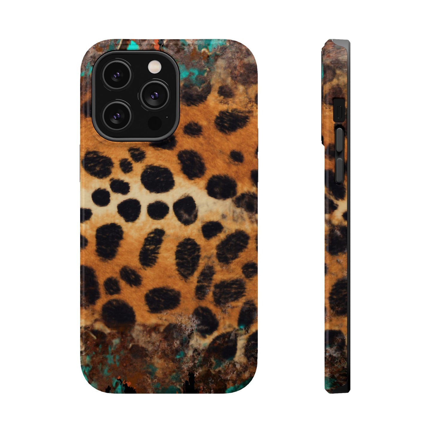 Rustic Leopard Print Tough MagSafe iPhone Case – Distressed Turquoise and Animal Pattern with Dual-Layer Protection