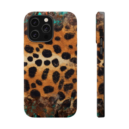 Rustic Leopard Print Tough MagSafe iPhone Case – Distressed Turquoise and Animal Pattern with Dual-Layer Protection