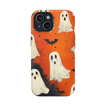 Spooky Ghosts & Bats  MagSafe iPhone Case – Vibrant Orange Halloween Design