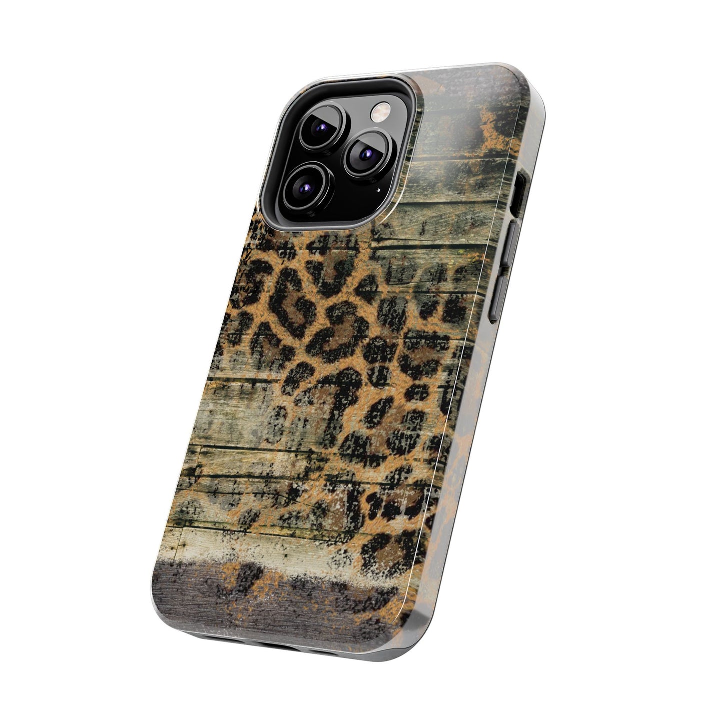 Rustic Wood and Leopard Print Tough iPhone Case – Distressed Western Design with Dual-Layer Protection