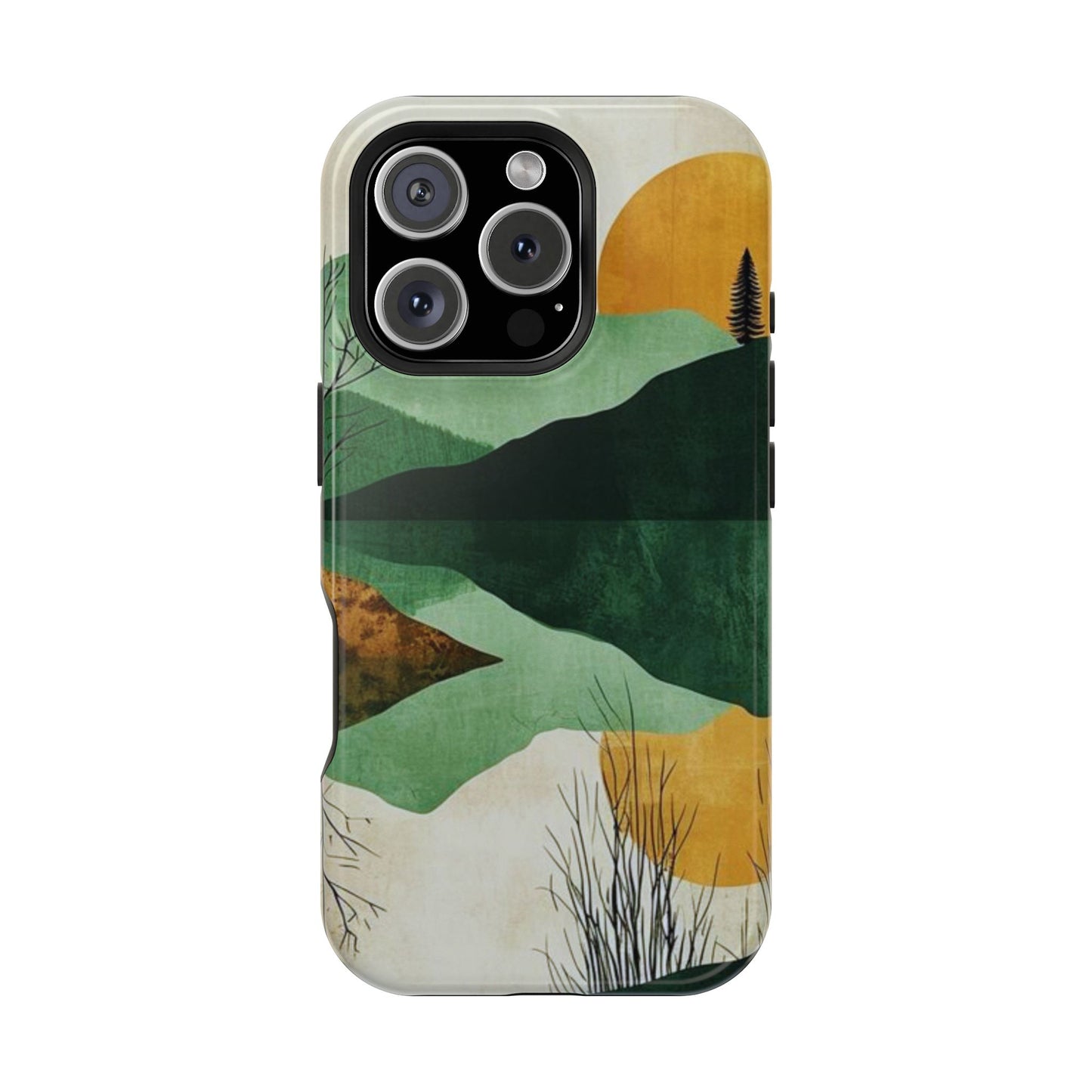 Retro Mountain Sunrise MagSafe iPhone Case – Minimalist Landscape Design, Dual-Layer Protection