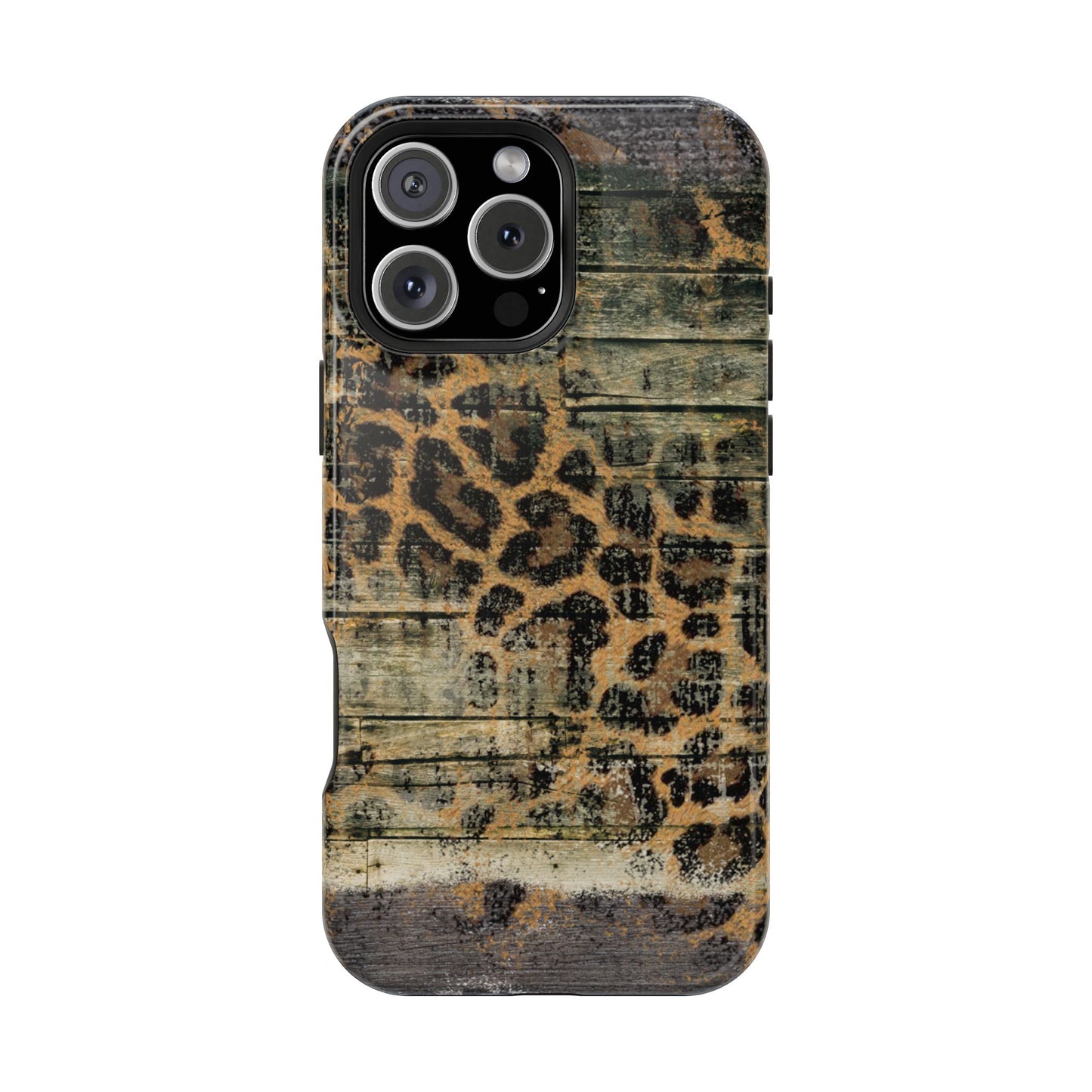 Rustic Wood and Leopard Print Tough MagSafe iPhone Case – Distressed Western Design with Dual-Layer Protection