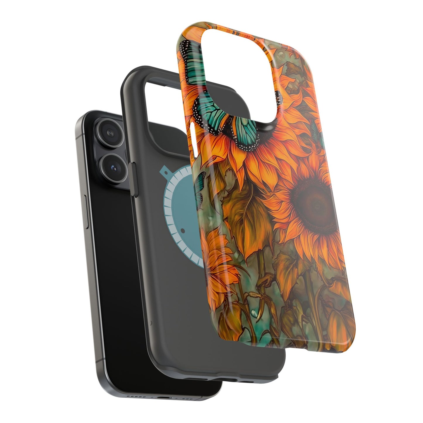 Vintage Blue Butterfly & Sunflower Art – MagSafe iPhone Case