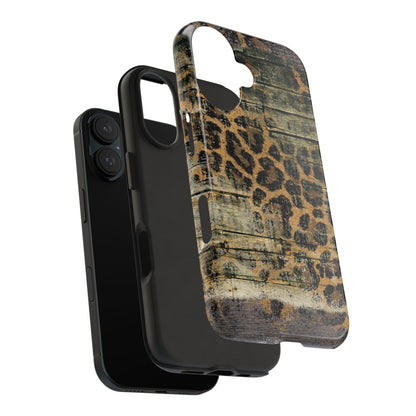 Rustic Wood and Leopard Print Tough iPhone Case – Distressed Western Design with Dual-Layer Protection