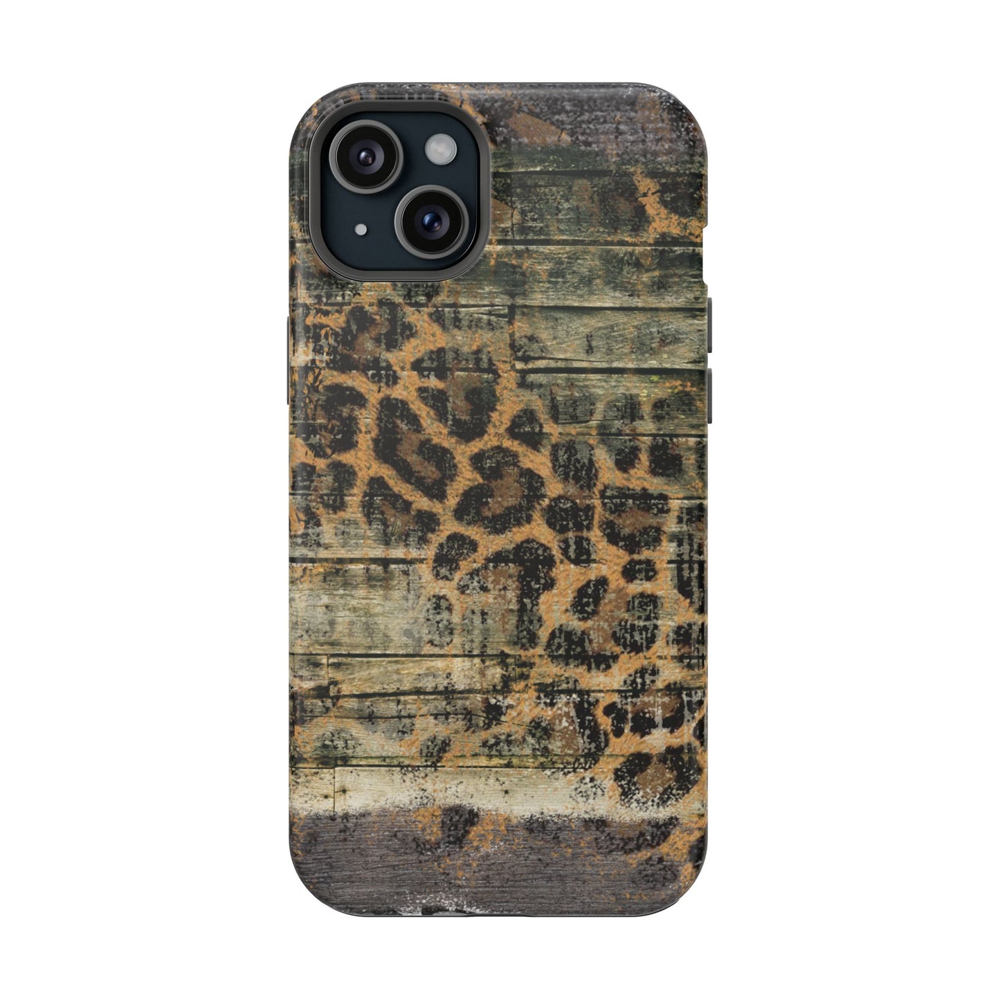 Rustic Wood and Leopard Print Tough MagSafe iPhone Case – Distressed Western Design with Dual-Layer Protection