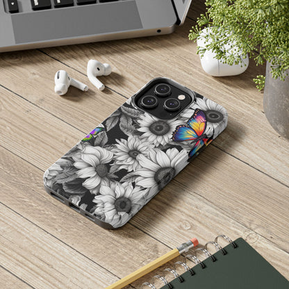 Rainbow Butterflies & Monochrome Sunflowers – iPhone Case