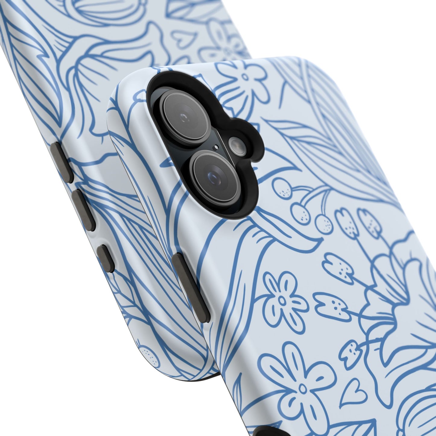 Dusty Blue Floral Line Art Tough MagSafe iPhone Case – Minimalist Botanical Design with Dual-Layer Protection