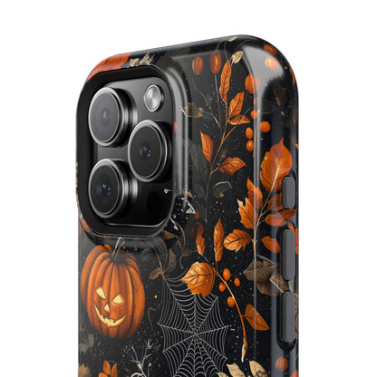 Elegant Halloween MagSafe iPhone Case – Pumpkin Jack-o'-Lanterns, Cobwebs & Autumn Foliage Design