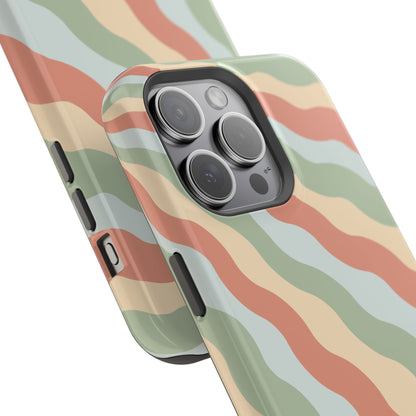 Earthy Retro Waves MagSafe iPhone Case – 70s-Inspired Wavy Stripes in Soft Green, Cream, and Rust