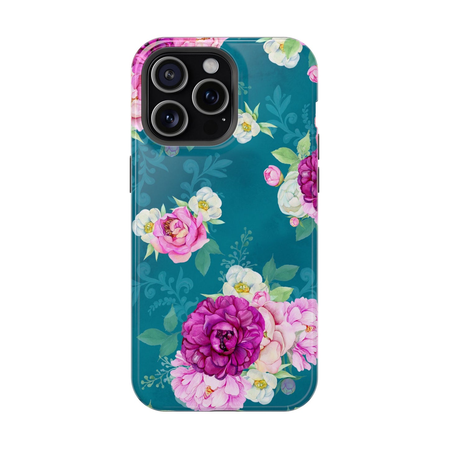 Elegant Peony Bouquet MagSafe iPhone Case – Deep Teal Background with Romantic Floral Design