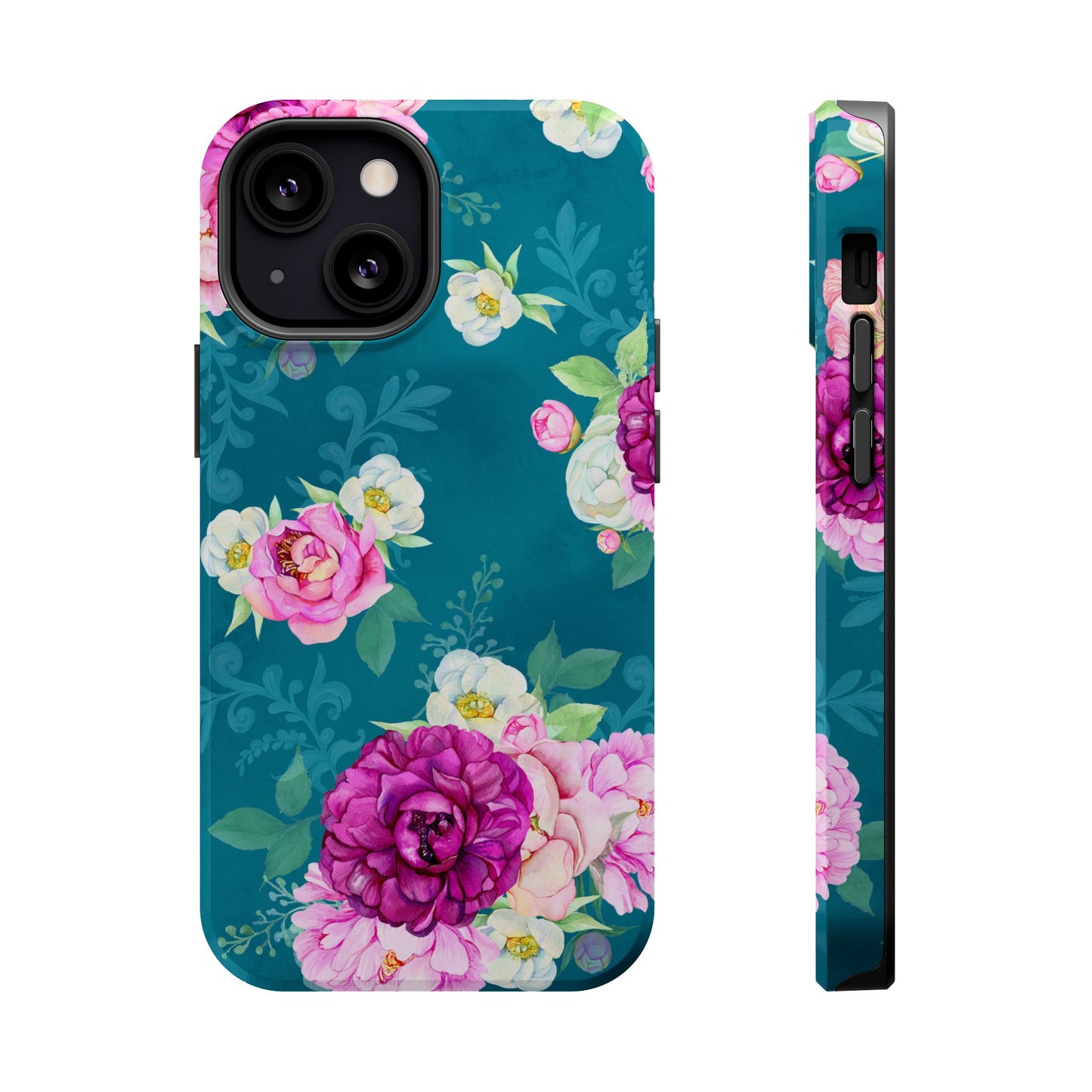 Elegant Peony Bouquet MagSafe iPhone Case – Deep Teal Background with Romantic Floral Design