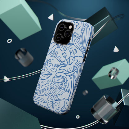 Dusty Blue Floral Line Art Tough MagSafe iPhone Case – Minimalist Botanical Design with Dual-Layer Protection