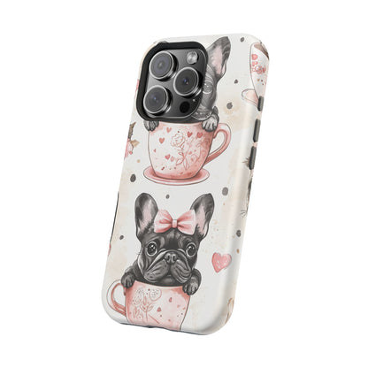 French Bulldogs in Teacups MagSafe iPhone Case – Cute Dog Design with Hearts & Bows, Shockproof & Slim