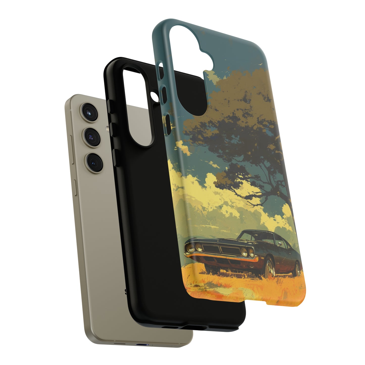 Retro Road Trip: Vintage Plymouth Hemi and Sunset Silhouette Phone Case For iPhone, Samsung Galaxy, & Google Pixel Phones